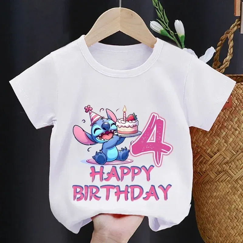 Color: army green, Kid Size: 3M - Lilo Stitch Children T-shirt Birthday 3-10 Years Boy Girl Clothing Summer Cartoon Print Tshirt Short Sleeve Cotton Top Baby Tee