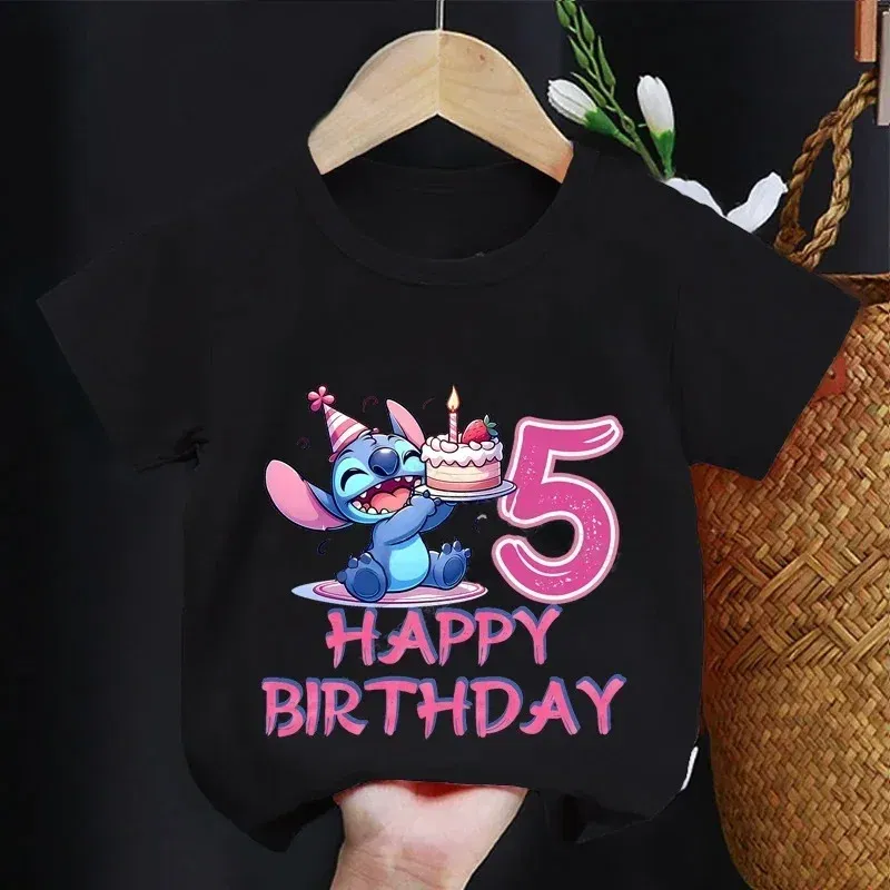 Color: army green, Kid Size: 3M - Lilo Stitch Children T-shirt Birthday 3-10 Years Boy Girl Clothing Summer Cartoon Print Tshirt Short Sleeve Cotton Top Baby Tee