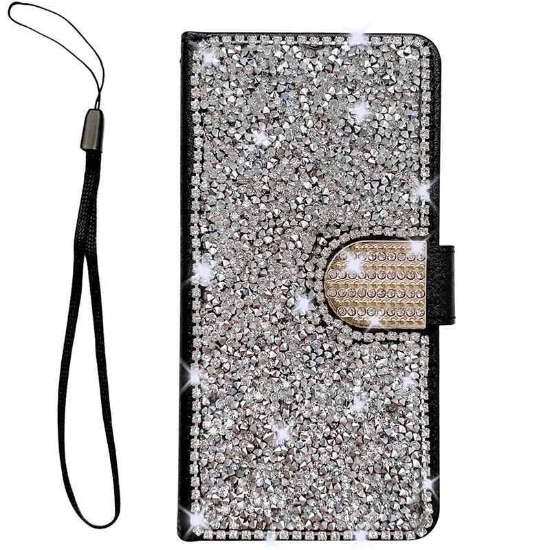 Color: Silver, Material: PC - Glitter Diamond Wallet Leather Case For Samsung Galaxy A14 A15 A16 A35 A55 A34 A54 S25 Ultra S24 FE S23 S22 S21 S20 Plus