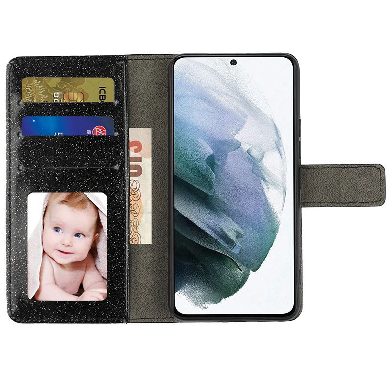 Color: Silver, Material: PC - Glitter Diamond Wallet Leather Case For Samsung Galaxy A14 A15 A16 A35 A55 A34 A54 S25 Ultra S24 FE S23 S22 S21 S20 Plus