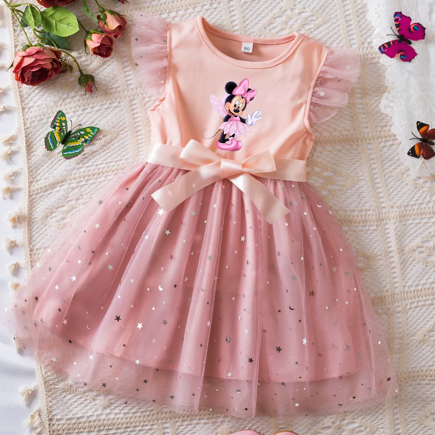Color: black, Size: XS - Mickey Minnie Mouse Girls Summer Clothes Flying Sleeves Bow Sequin Dress 2-6Y Kid Birthday Tutu Princess Dress for Baby Girl