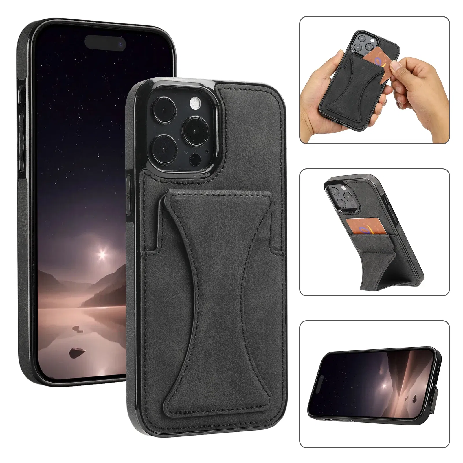 Color: black, Material: aluminum - For iPhone 16 Pro Max Plus Case 2024 With Magnetic Leather Kickstand Card Slot Wallet Back Cover Protection Shockproof Coque