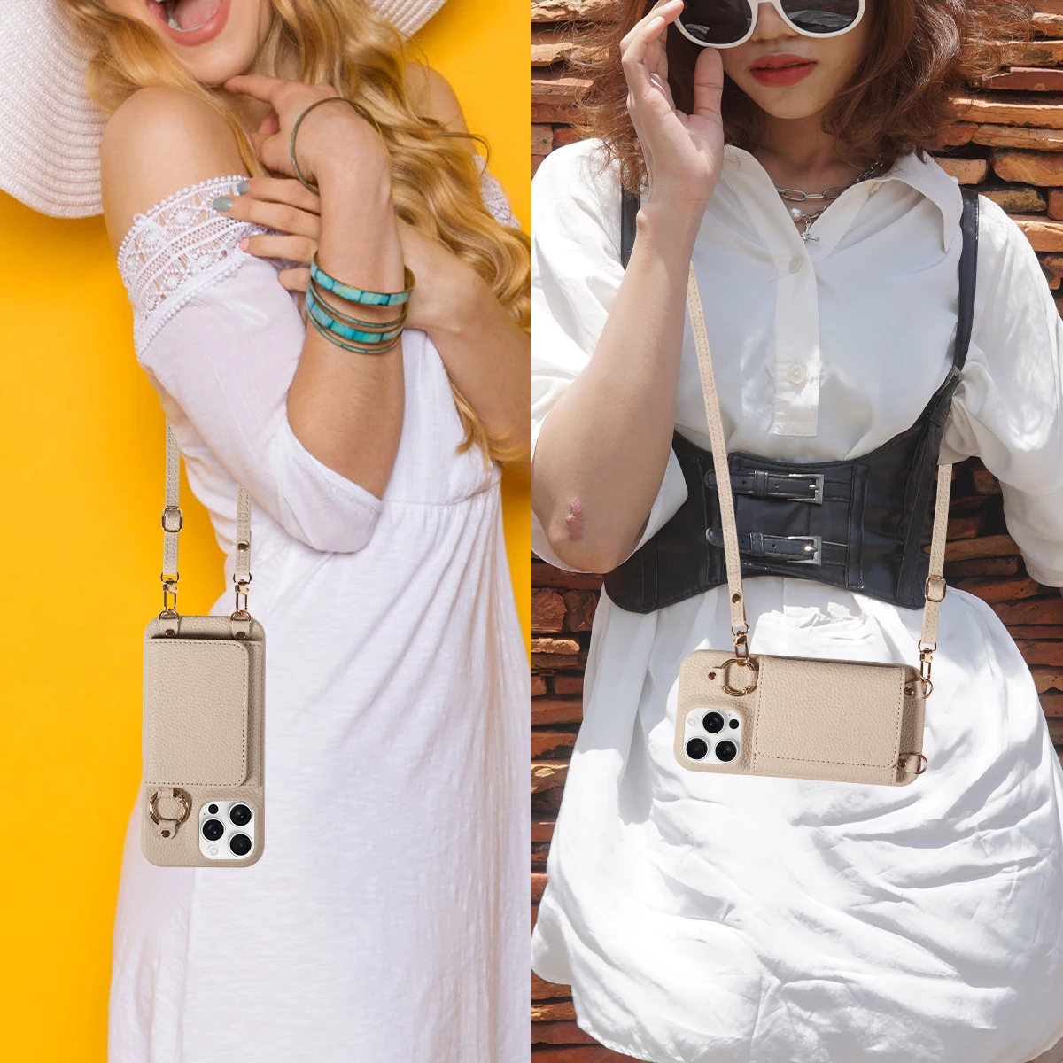 Color: Khaki, Bundle: Case & Strap, Material: Artificial Leather, Compatibility by Model: iPhone 16 - For IPhone16 15 Pro Max 14 13 12 Series PU Leather Magsafe Magnetic Wireless Charging Shockproof Crossbody Wallet Phone Case