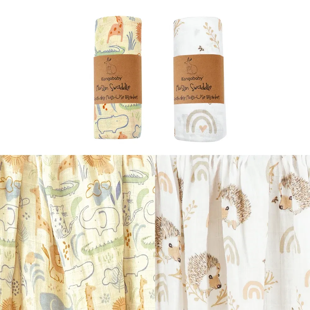 Color: APRICOT - Kangobaby New Design 2pcs Set Double Layers 100% Cotton Newborn Baby Muslin Swaddle Blanket