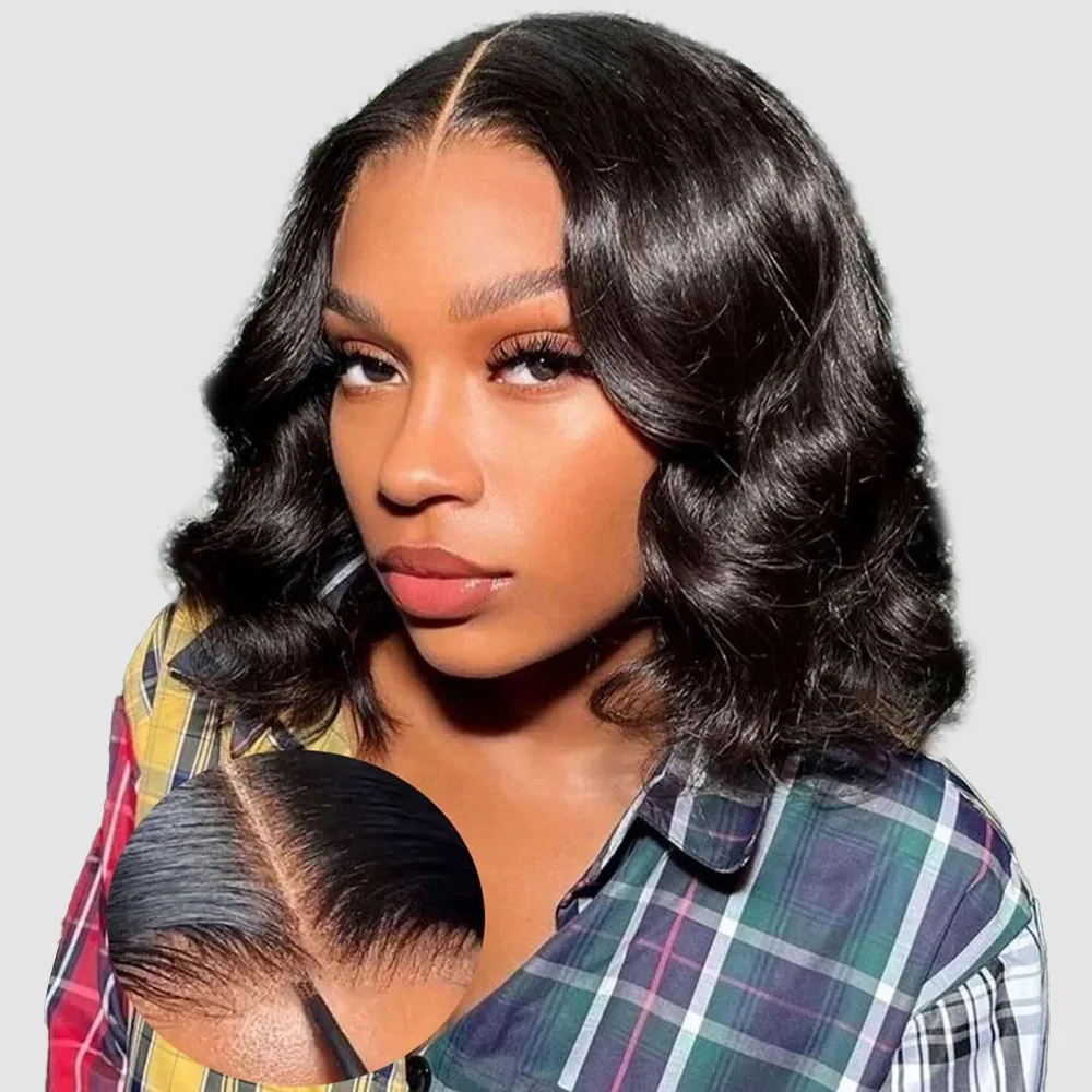 Hair Color: #1, Ships From: CHINA, Stretched Length: 10inches, Density: 180% - 7x5 Glueless Ready To Wear And Go Pre plucked 180 Density Body Wave Short Bob Human Hair Wigs 13x4 Lace Frontal Human Hair Wig