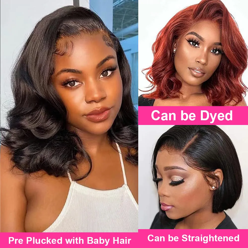 Hair Color: #1, Ships From: CHINA, Stretched Length: 10inches, Density: 180% - 7x5 Glueless Ready To Wear And Go Pre plucked 180 Density Body Wave Short Bob Human Hair Wigs 13x4 Lace Frontal Human Hair Wig