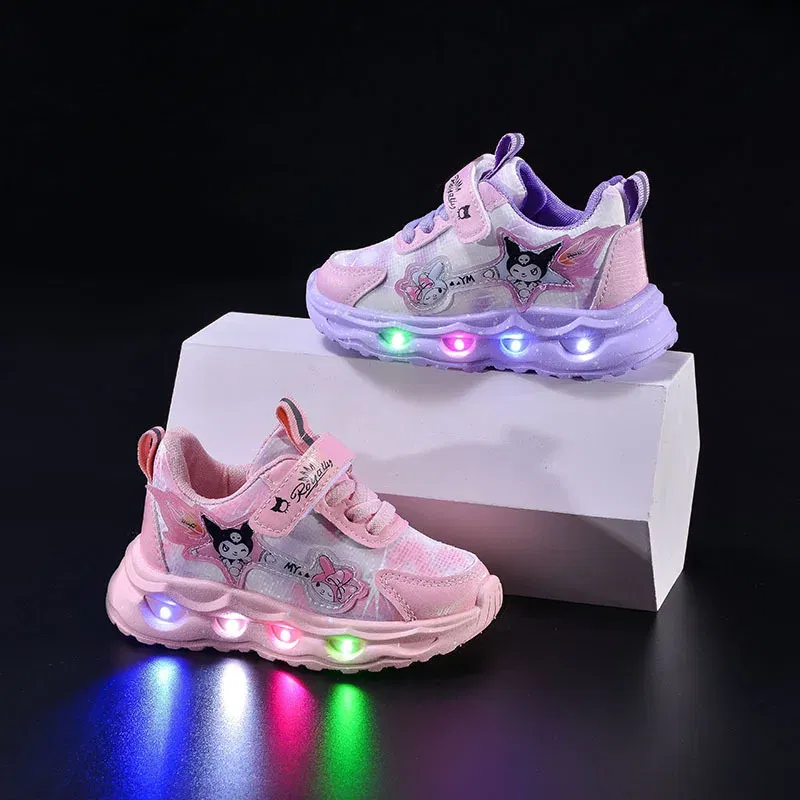 Color: Pink, Shoe Size: 3 - Kids'Casual Shoes Girls Led Light Cartoon PU Leather Spring Fashion Flat Bottom Anti-slip Soft Bottom Pink Purple Size 21-30