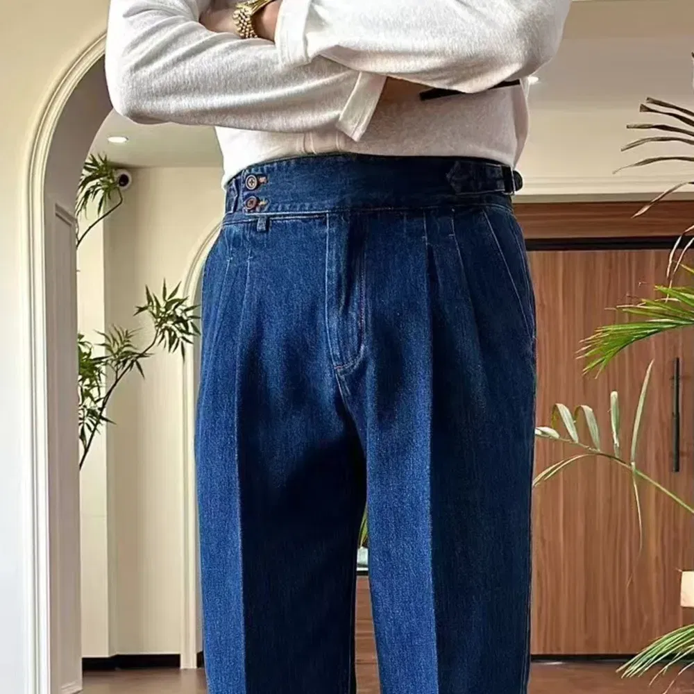 High Quality Double Pleated Jeans Straight Leg Pant Naples Straight Tube Loose Washed High Grade Business Pant Men Dress Trouser