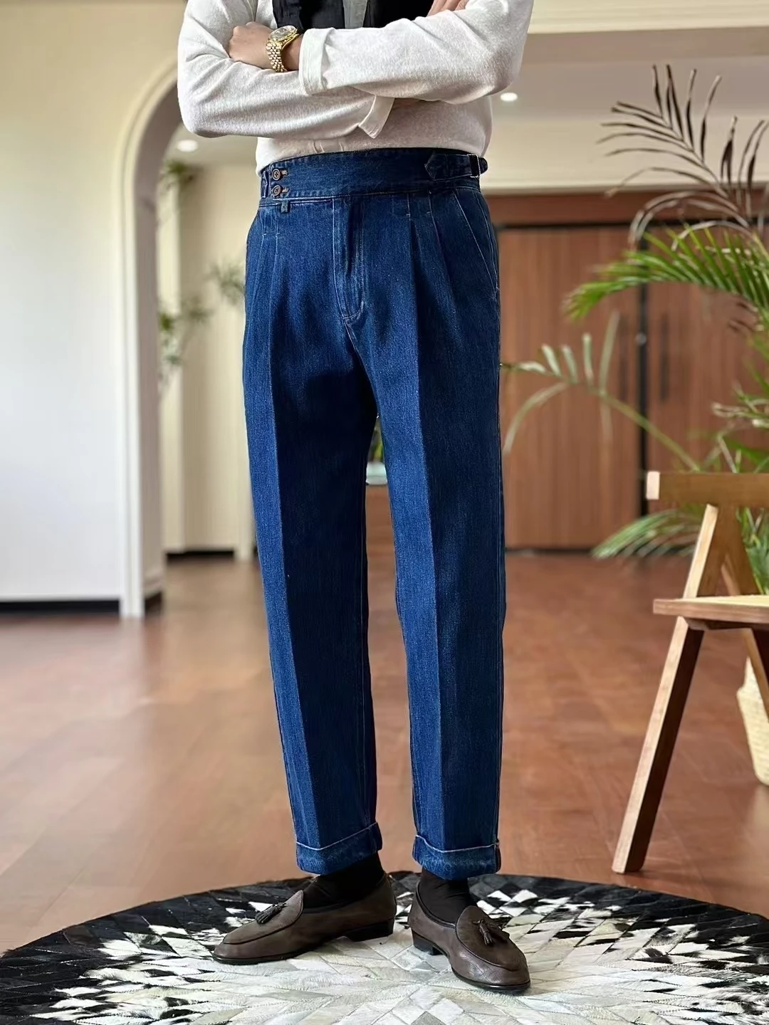 High Quality Double Pleated Jeans Straight Leg Pant Naples Straight Tube Loose Washed High Grade Business Pant Men Dress Trouser