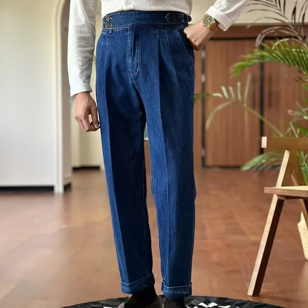 High Quality Double Pleated Jeans Straight Leg Pant Naples Straight Tube Loose Washed High Grade Business Pant Men Dress Trouser