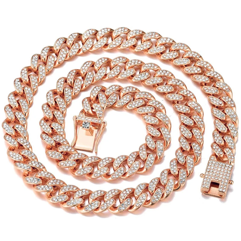Metal Color: Rust Red, Length: 40cm - Men Women Hip hop Iced Out Bling Chain Necklace High quality 13mm width Miami Cuban Chain HipHop Necklaces Fashion Jewelry
