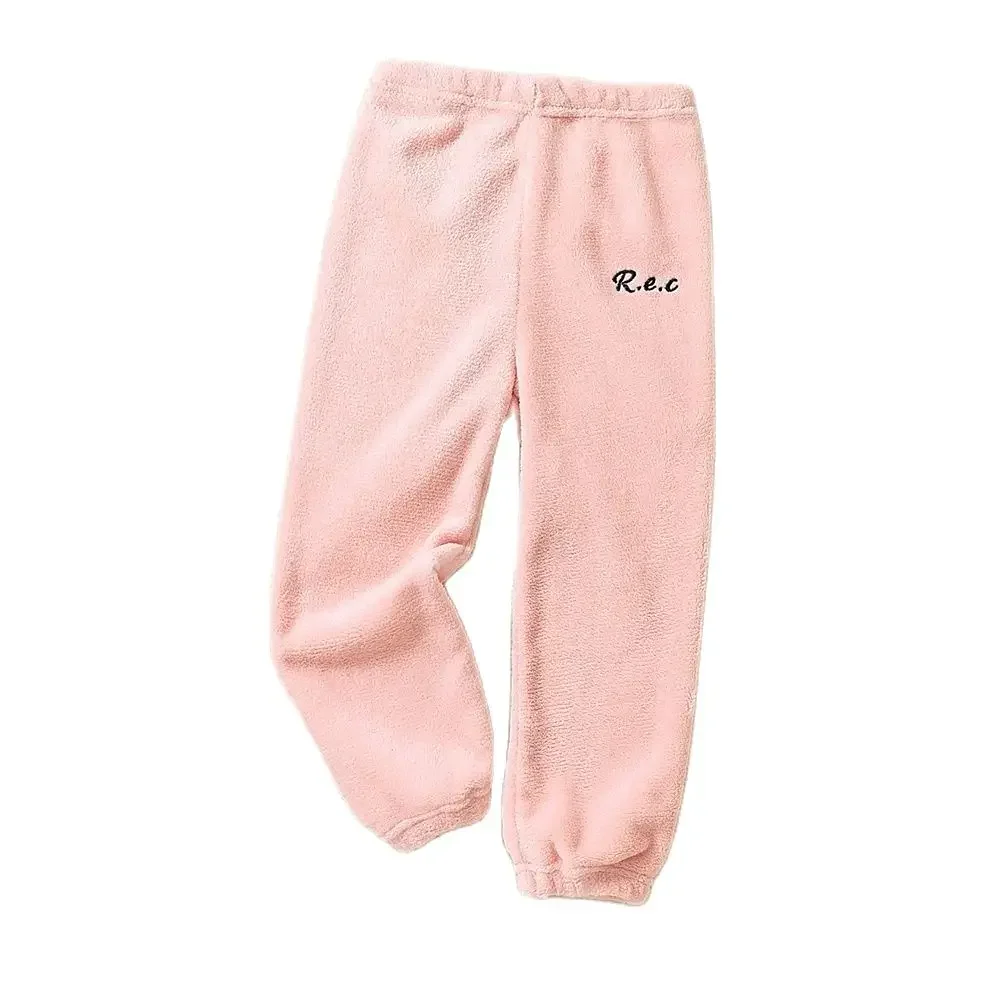 Color: Pink, Kid Size: 8 - Children Thicken Fleece Pants Boys and Girls Solid Letter Embroidery Sports Casual Kids Clothes Warm Leggings Clothing Winter