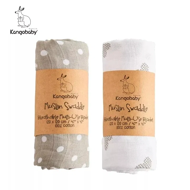 Color: DARK GRAY - Kangobaby New Design 2pcs Set Double Layers 100% Cotton Newborn Baby Muslin Swaddle Blanket