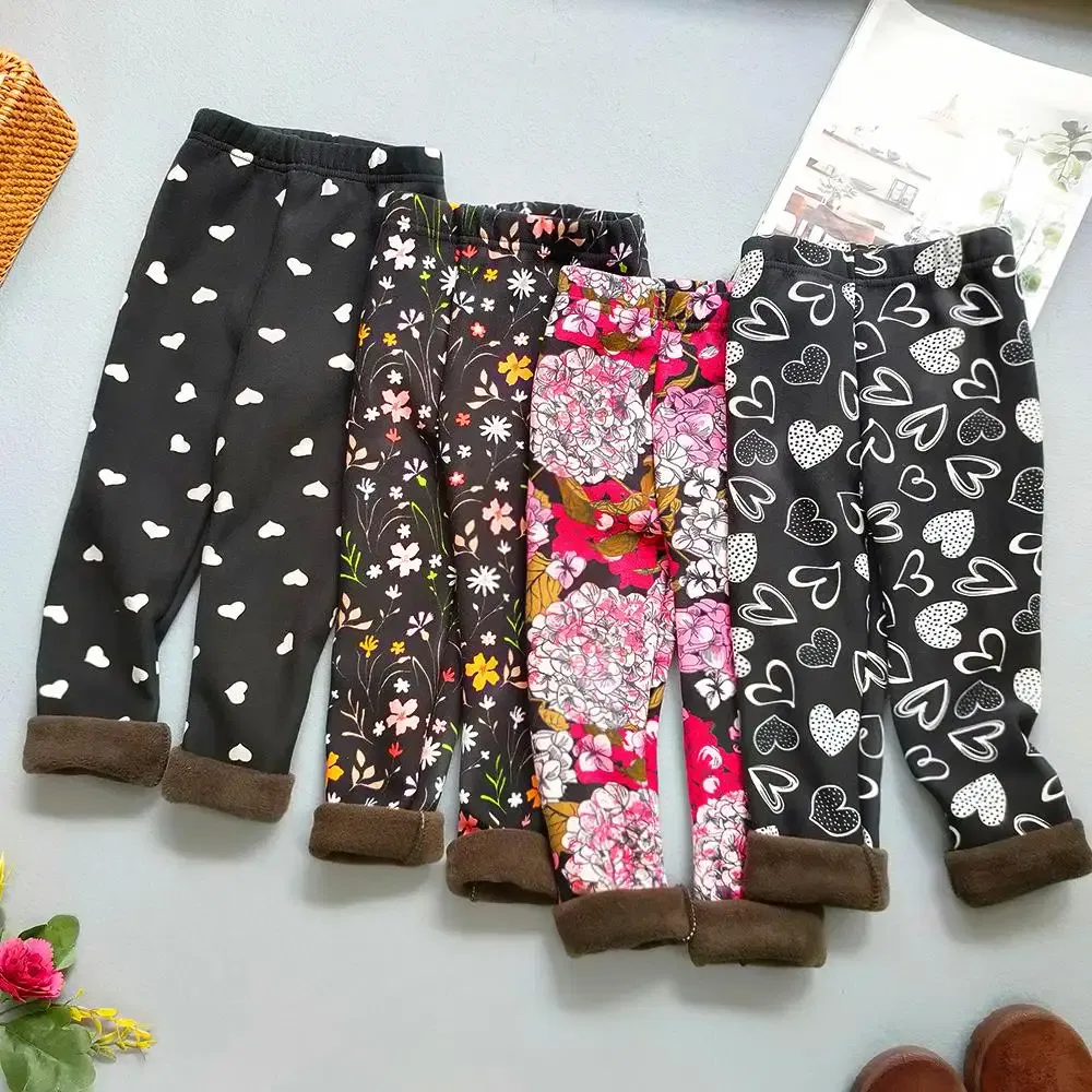 Color: Pink, Kid Size: 11 - Autumn Winter Print Flowers Thick Warm Kids Toddler Baby Girls Leggings Children's Pants