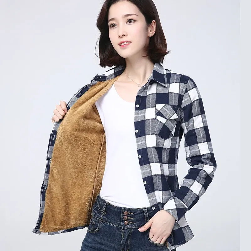 Color: GRAY, Size: L - 2025 Winter New Women's Warm Plaid Shirt Coat Casual Fleece Velvet Plus Thicke Jacket Tops College Style Woman Clothes Outerwear