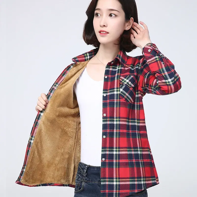 Color: GRAY, Size: L - 2025 Winter New Women's Warm Plaid Shirt Coat Casual Fleece Velvet Plus Thicke Jacket Tops College Style Woman Clothes Outerwear