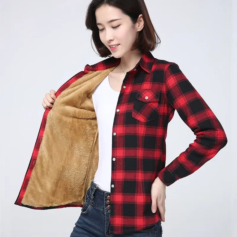 Color: GRAY, Size: L - 2025 Winter New Women's Warm Plaid Shirt Coat Casual Fleece Velvet Plus Thicke Jacket Tops College Style Woman Clothes Outerwear