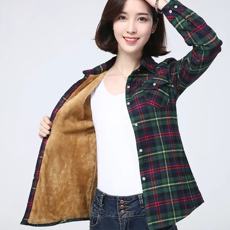 Color: GRAY, Size: L - 2025 Winter New Women's Warm Plaid Shirt Coat Casual Fleece Velvet Plus Thicke Jacket Tops College Style Woman Clothes Outerwear