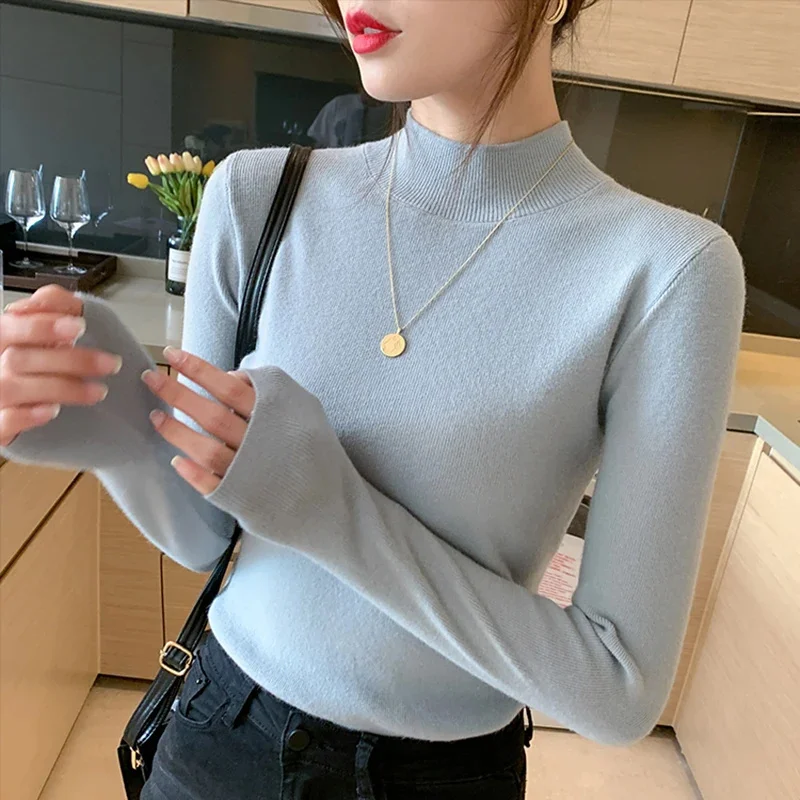 Color: Brown, Size: One Size - Turtleneck Sweater Women Fashion New Stretch Tops Women Knitted Pullovers Long Sleeve Bottoming Knitted Sweater