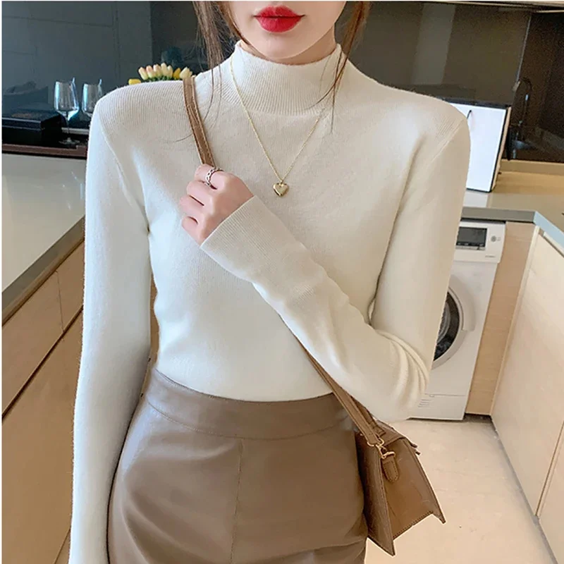 Color: Brown, Size: One Size - Turtleneck Sweater Women Fashion New Stretch Tops Women Knitted Pullovers Long Sleeve Bottoming Knitted Sweater