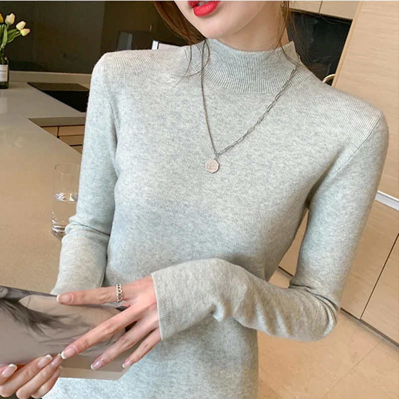 Color: Brown, Size: One Size - Turtleneck Sweater Women Fashion New Stretch Tops Women Knitted Pullovers Long Sleeve Bottoming Knitted Sweater