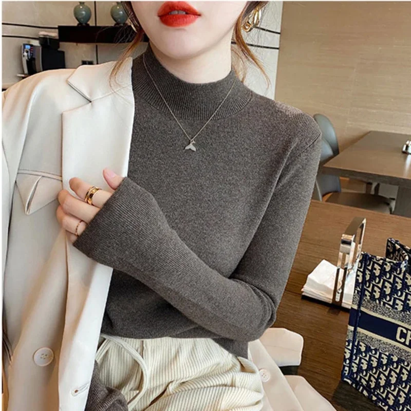 Color: Brown, Size: One Size - Turtleneck Sweater Women Fashion New Stretch Tops Women Knitted Pullovers Long Sleeve Bottoming Knitted Sweater
