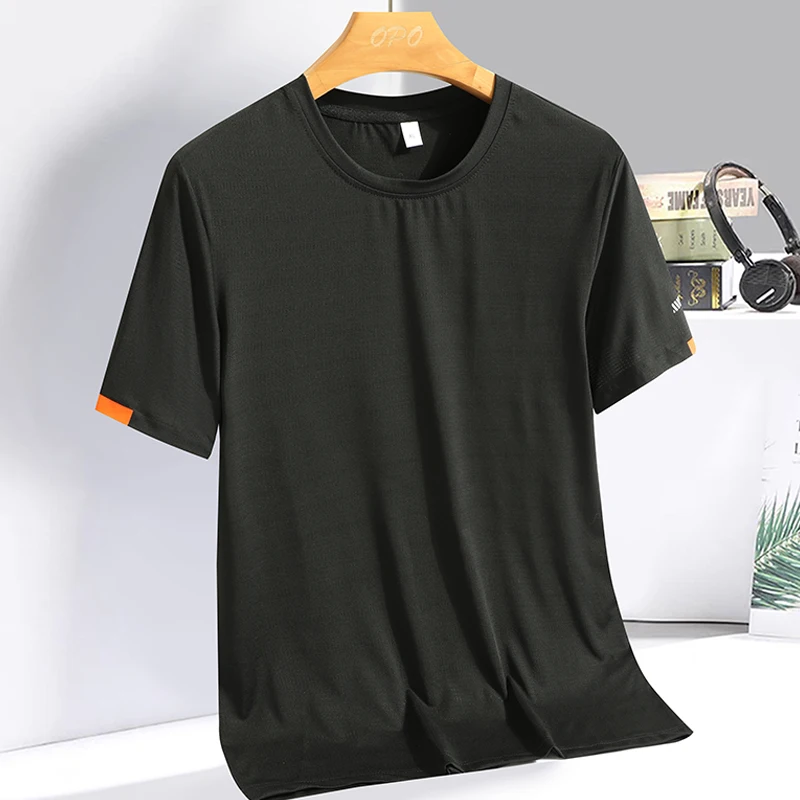 Color: Turquoise, Size: 5XL - Men's Silk Ice Round Collar T-shirt, Simple Running Fitness Suit, Breathable Thin T-shirt, Quick Dry T-shirt, Summer