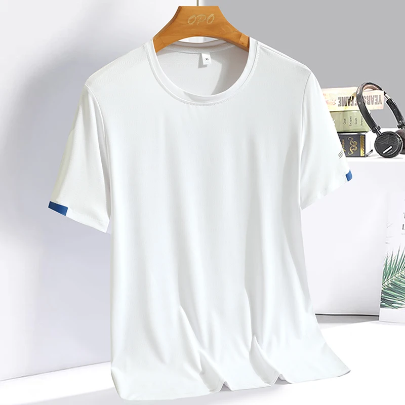 Color: Turquoise, Size: 5XL - Men's Silk Ice Round Collar T-shirt, Simple Running Fitness Suit, Breathable Thin T-shirt, Quick Dry T-shirt, Summer