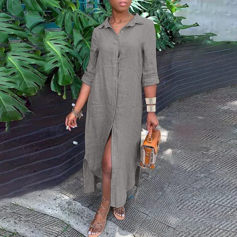Color: black, Size: L - Long Shirt Dress Women Autumn Cotton Linen Leisure Turn Down Collar Maxi Dresses Female Elegant Loose Beach Spring Vestidos