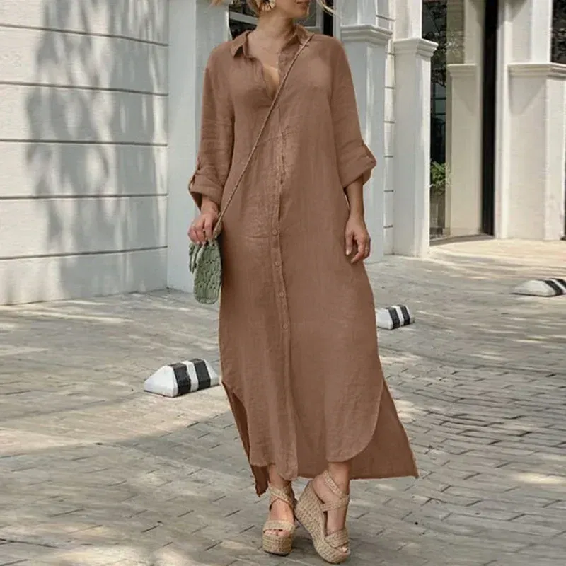 Color: black, Size: L - Long Shirt Dress Women Autumn Cotton Linen Leisure Turn Down Collar Maxi Dresses Female Elegant Loose Beach Spring Vestidos