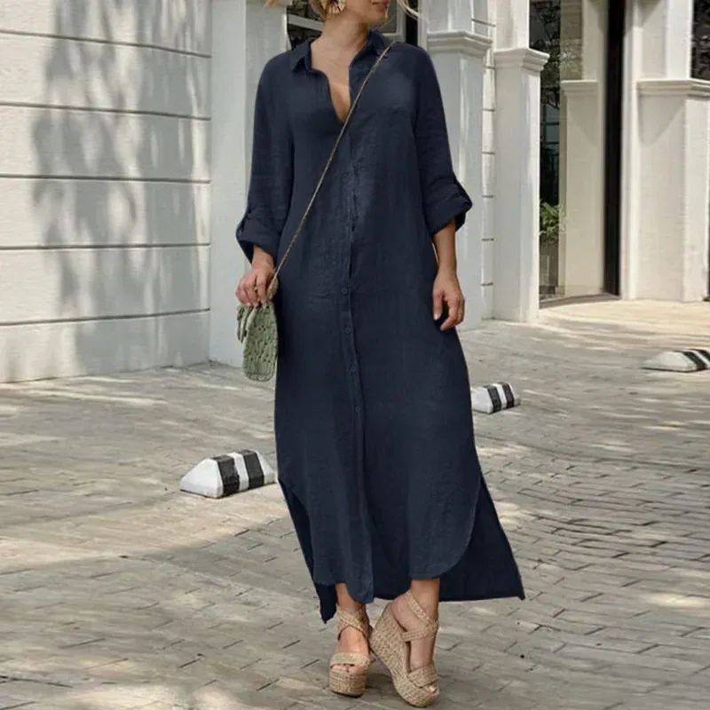 Color: black, Size: L - Long Shirt Dress Women Autumn Cotton Linen Leisure Turn Down Collar Maxi Dresses Female Elegant Loose Beach Spring Vestidos
