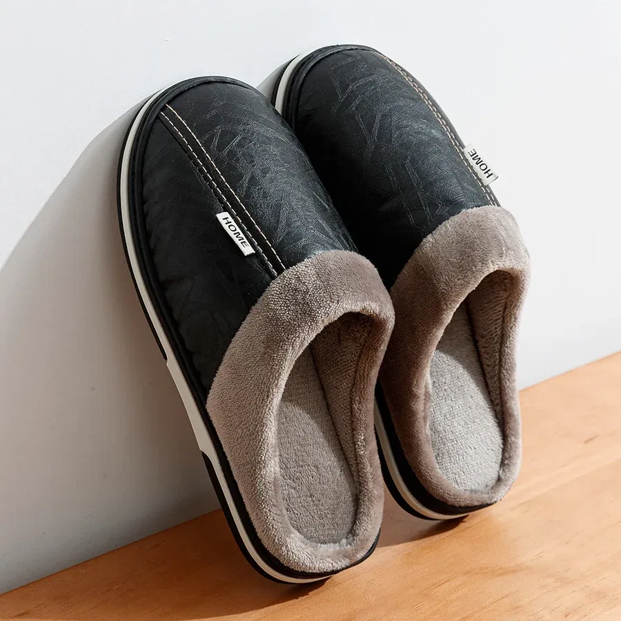Color: Brown, Shoe Size: 4 - Big Size Winter Casual Men's Slippers Indoor Waterproof PU Leather Home Shoes Fur Flat Warm Fashion Bedroom Houseshoes