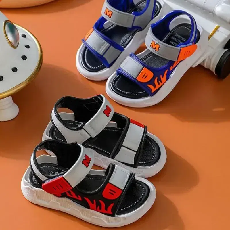 Color: Beige, Shoe Size: 1.5 - Baby Sandals Flame Pattern Boy Sandals Soft Sole Anti-slip Boys Girls Children Shoes