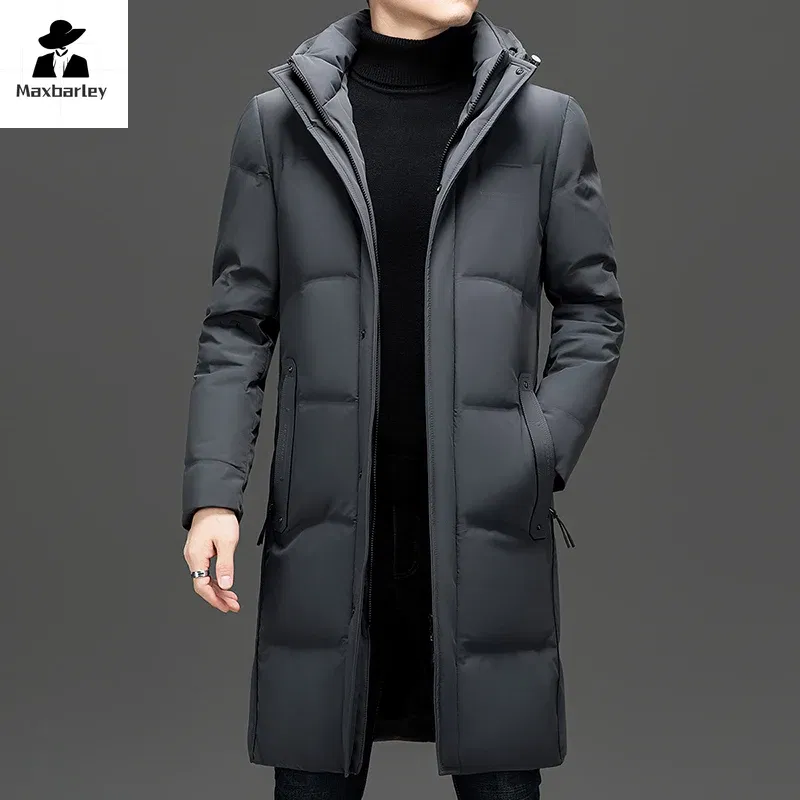 Color: Khaki, Size: 4XL - 2024 New Men's Winter Down Jacket Long Knee-length Thickened Warm Duck Down Parka High-end Hooded Detachable Extremely Cold Coat