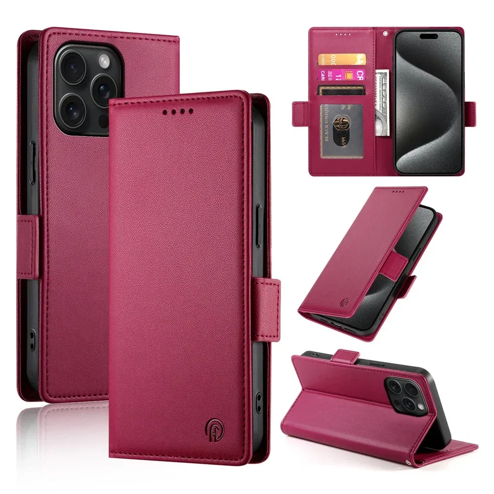 Color: Red, Material: Genuine Leather - PU Leather Flip Phone Case For iPhone 16 15 Pro Max 16E 14 13 1211 XS Max XR X 8 7 Plus SE KickStand Cards Solt Wallet Cover