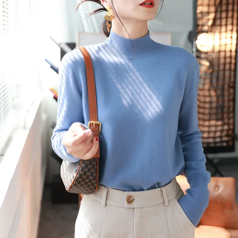 Color: Blue, Size: One Size - Autumn Winter chic Bottom Sweaters Women Fashion Turtleneck Pullover Slim Long Sleeve Knitted Jumpers Soft Warm Pull Femme Top