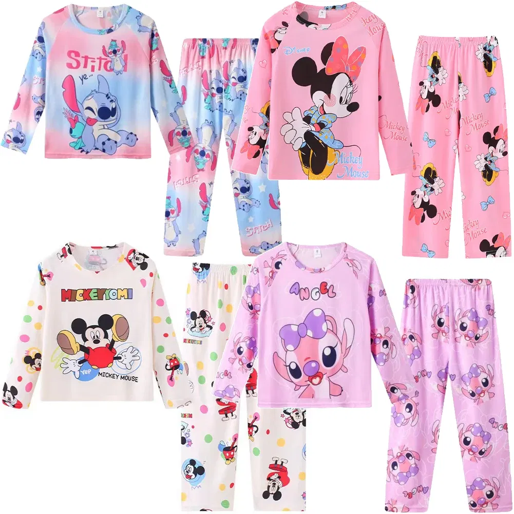Color: Brown, Kid Size: 8T - 2pcs/set New Disney Stitch Children Pyjamas for Boys and Girls Sets Kid Minnie Home Wear Travel Casual Sleepwear Suit Cute Gift
