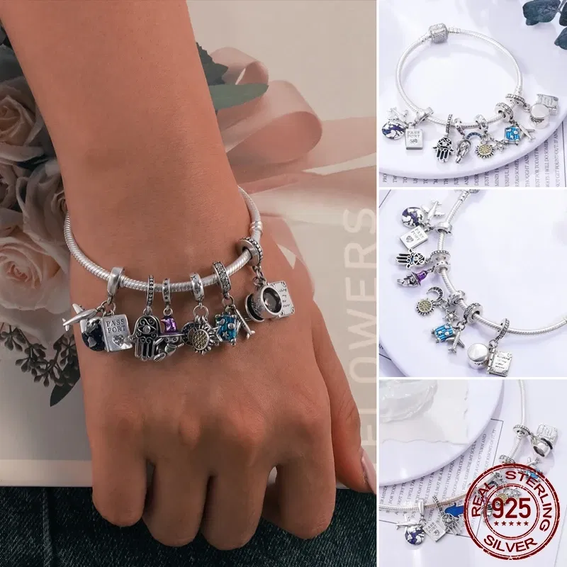 Gem Color: Blue, Length: 19cm - Original 925 Sterling Silver Bracelet Star Heart Clasp Snake Chain Rose Gold DIY Beads Charms Bracelets For Women Luxury Jewelry