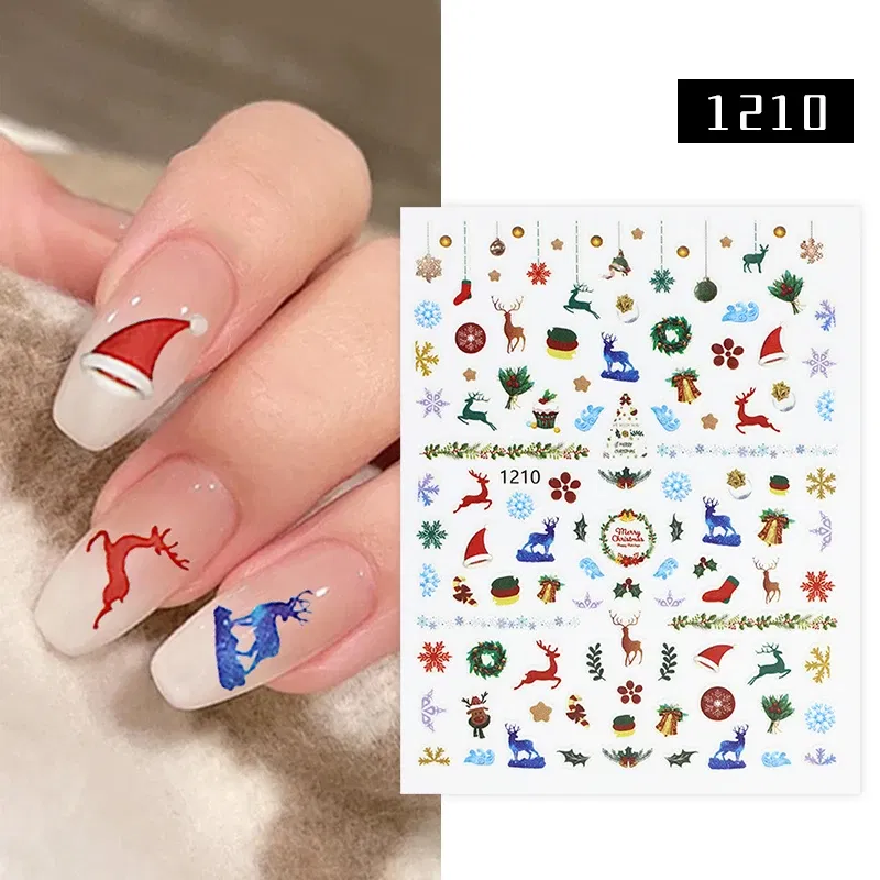Color: gold foil - 1Pc Christmas Stickers Santa Claus Snowflake Decals Catoon Image Muti- Pattern New Year Halloween Nail Art Stickers for Manicure