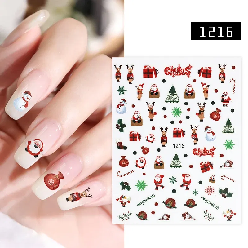 Color: gold foil - 1Pc Christmas Stickers Santa Claus Snowflake Decals Catoon Image Muti- Pattern New Year Halloween Nail Art Stickers for Manicure