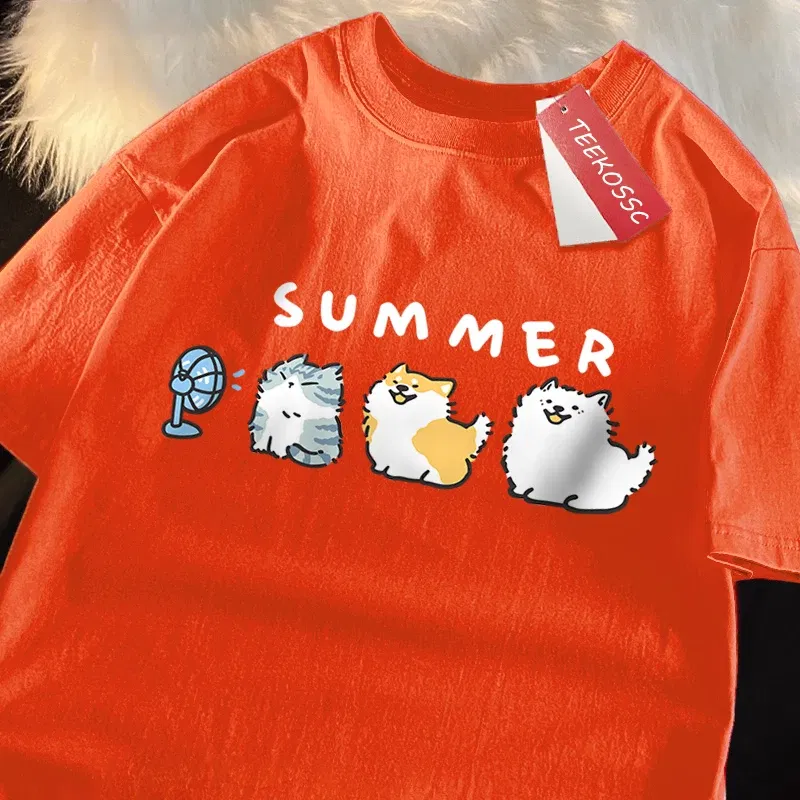 Color: GRAY, Size: L - Cats And Dogs Blowing Fans Print T Shirts Men Women Cute Crewneck Clothes Loose Summer T-Shirts Fashion Cotton Short Sleeve