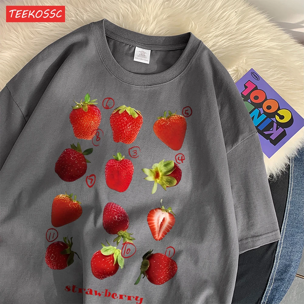 Color: Gold, Size: L - 100% Cotton Women T-shirt Cute Fresh Strawberries Printed Tee Shirt Summer Comfortable Loose Tops Street Fashion Female Clothes