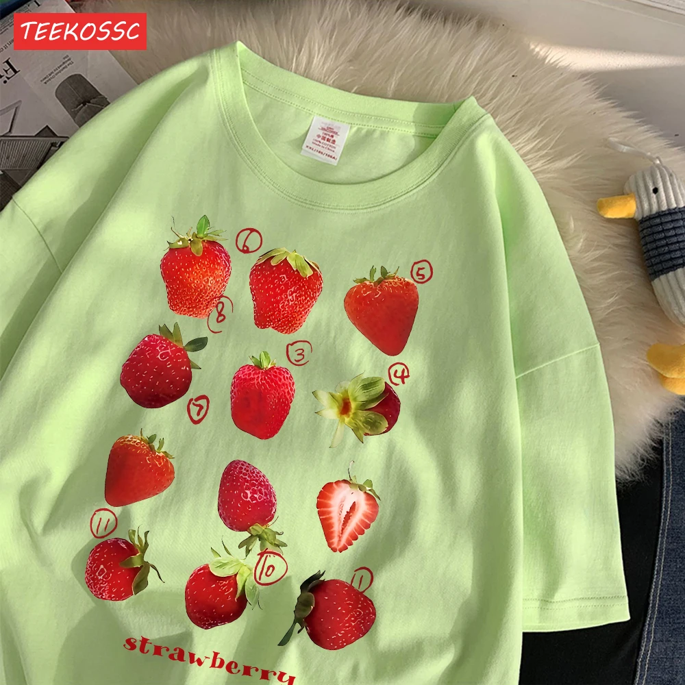 Color: Gold, Size: L - 100% Cotton Women T-shirt Cute Fresh Strawberries Printed Tee Shirt Summer Comfortable Loose Tops Street Fashion Female Clothes