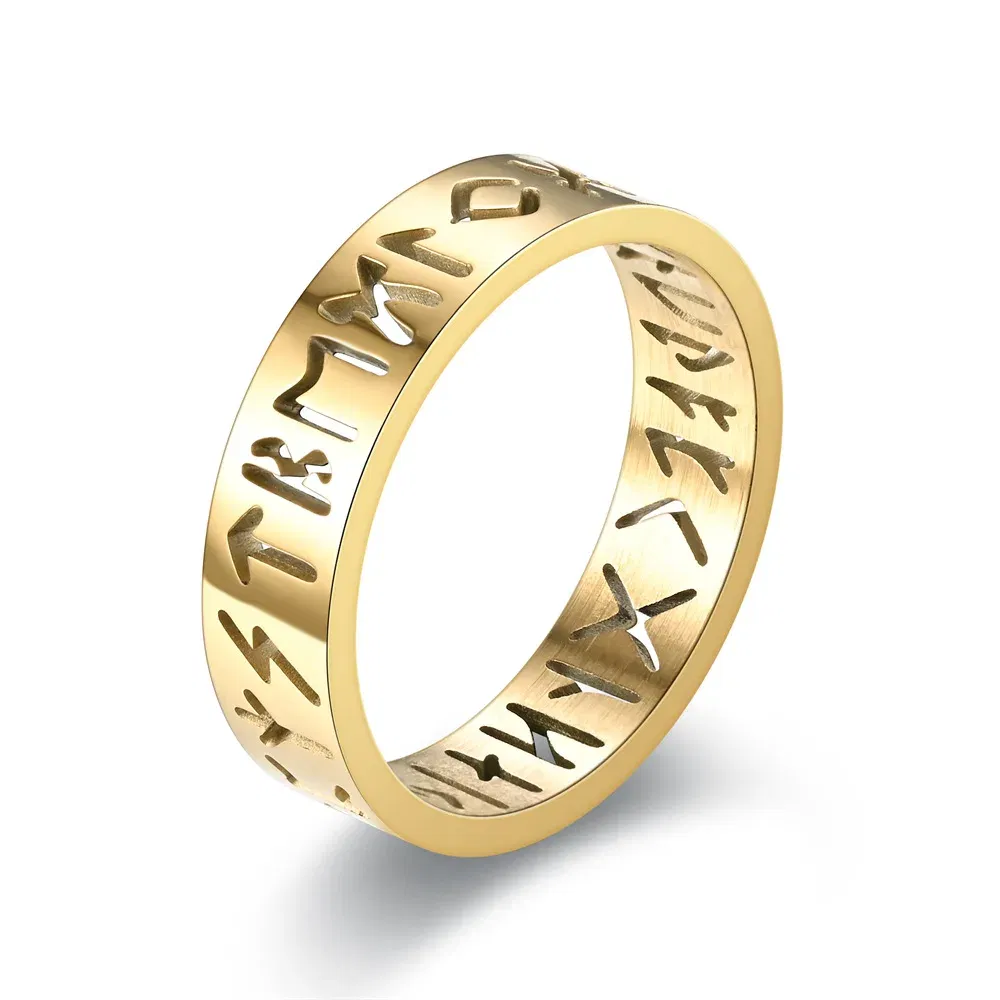 Main Stone Color: GOLD, Ring Size: 4.25 - 2023 New Stainless Steel Hollow Out Ring for Men Women Fashion Hollow Rune Design Finger Anillo Antiestres Anxiety Rings