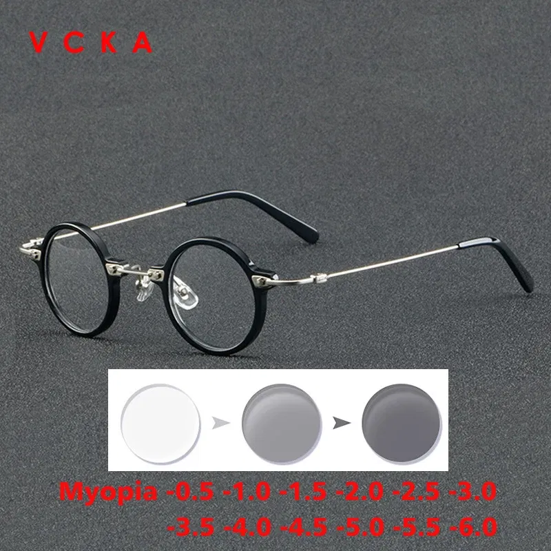 Frame Color: Khaki, Eye Prescription: +275 - VCKA Anti-blue Discolor Acetate+Titanium Myopia Glasses Frames Small Round Men Prescription Optical Women Eyewear -0.50 to -10.0