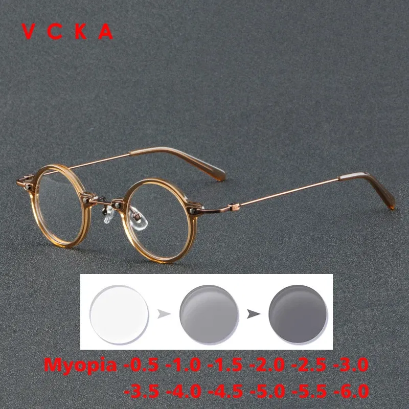 Frame Color: Blue, Eye Prescription: +225 - VCKA Anti-blue Discolor Acetate+Titanium Myopia Glasses Frames Small Round Men Prescription Optical Women Eyewear -0.50 to -10.0