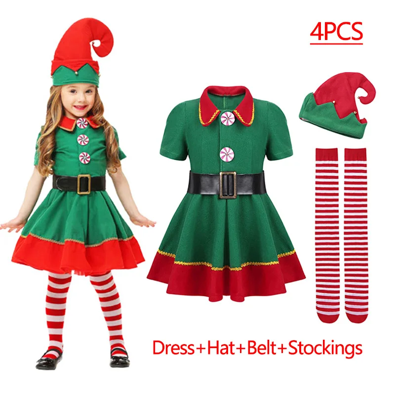 Color: Beige, Kid Size: 12 - New Year Kids Santa Claus Costume Green Elf Cosplay Christmas Carnival Party Fancy Dress for Girls Boys Red Xmas Clothes Set