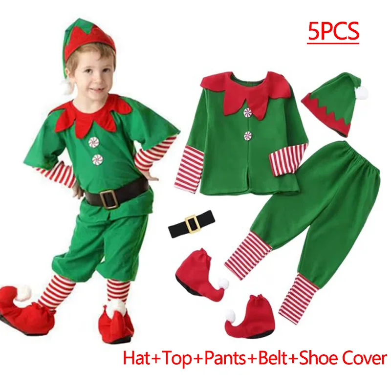 Color: Beige, Kid Size: 12 - New Year Kids Santa Claus Costume Green Elf Cosplay Christmas Carnival Party Fancy Dress for Girls Boys Red Xmas Clothes Set