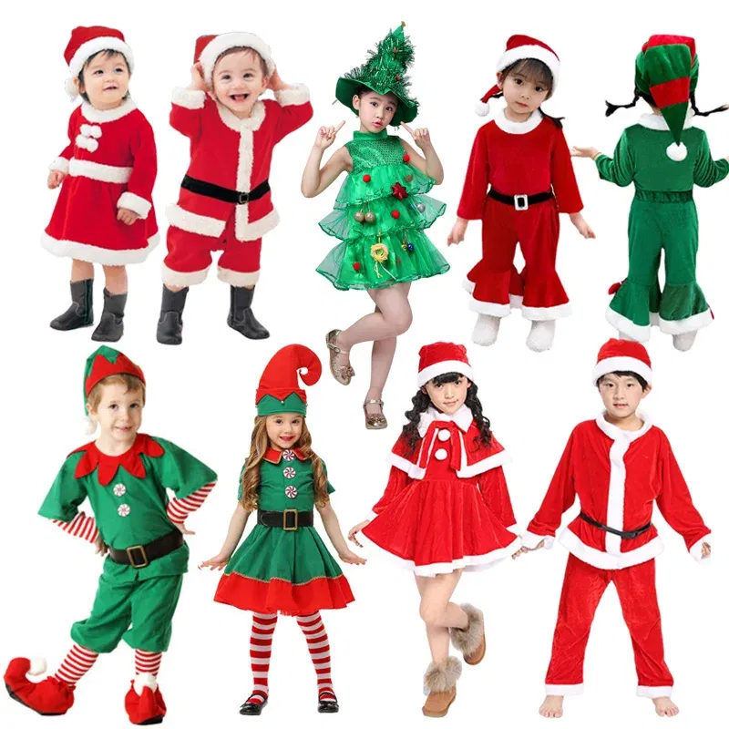 Color: Beige, Kid Size: 12 - New Year Kids Santa Claus Costume Green Elf Cosplay Christmas Carnival Party Fancy Dress for Girls Boys Red Xmas Clothes Set
