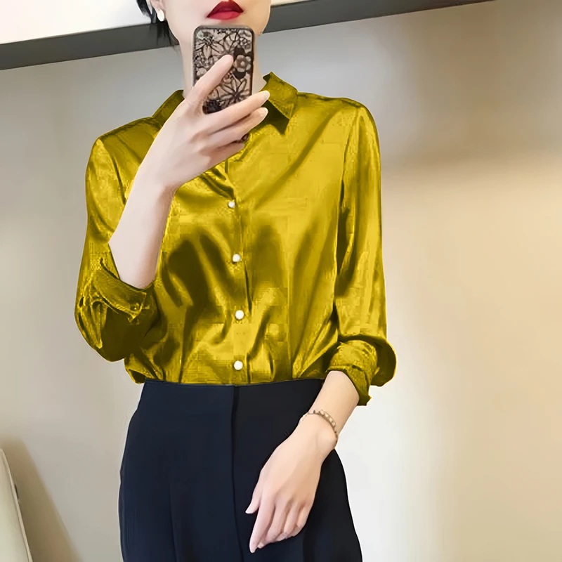 Color: Blue, Size: S - All-match Satin Finish Shirts And Blouses Women Clothing Casual Top OL Long Sleeve Button Elegant Shirts French Solid Blouses